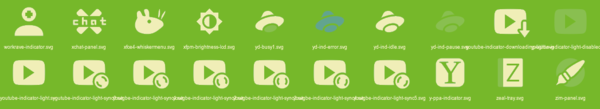 Gekachelte Bilder eingefärbt mit OSEG grün, und hellgelb eingfärbten Symbolen, aus der Themengestaltung „Papirus“ für Computer-Arbeitsflächen (Papirus bei opendesktop.org)